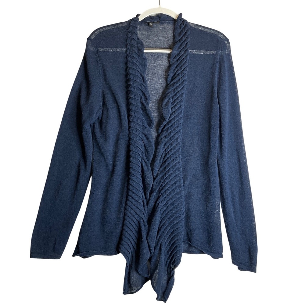 Eileen Fisher Cardigan Linen Blend Navy Blue Open Front Knit Flutter Ruffle L